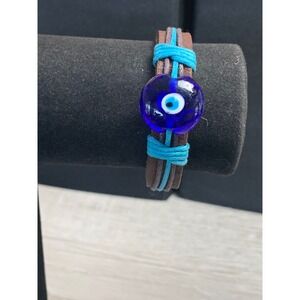 Evil Eye Leather Cord Bracelet Blue Glass Charm Adjustable Boho Talisman
